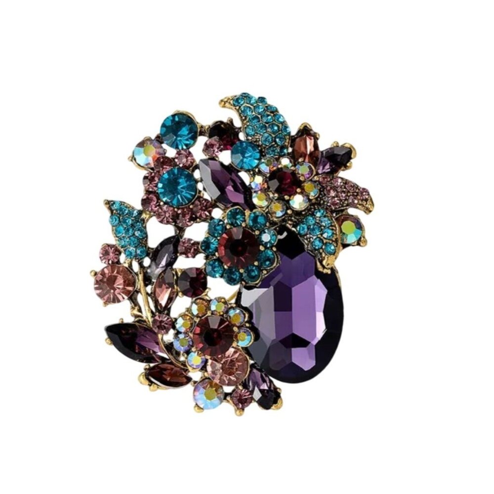 Floral Crystal Cluster Brooch Purple & Teal Rhinestones Gold-Tone